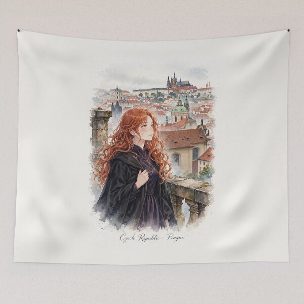 Item preview, Czech Republic Prague Castle with a Mysterious Redhead Traveler in Elegant Dark Purple Fashion, Historic Rooftops and Misty European Landscape designed and sold by DibujandoPorfa.