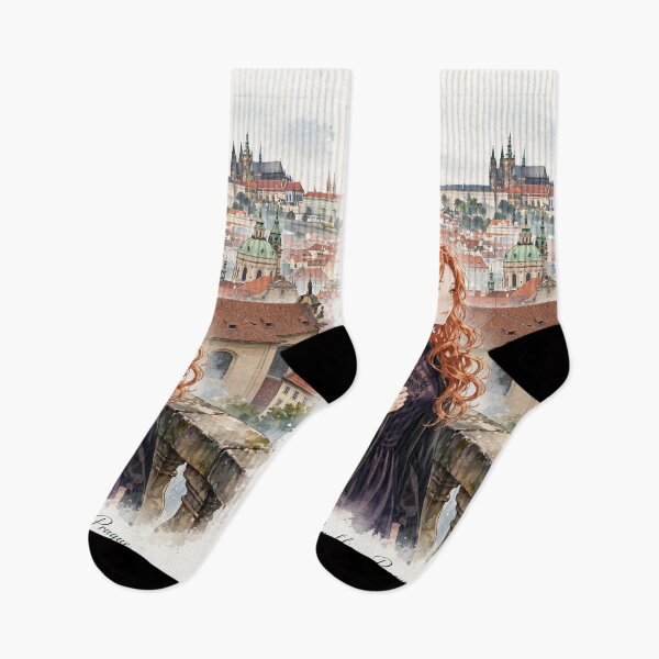 Item preview, Czech Republic Prague Castle with a Mysterious Redhead Traveler in Elegant Dark Purple Fashion, Historic Rooftops and Misty European Landscape designed and sold by DibujandoPorfa.