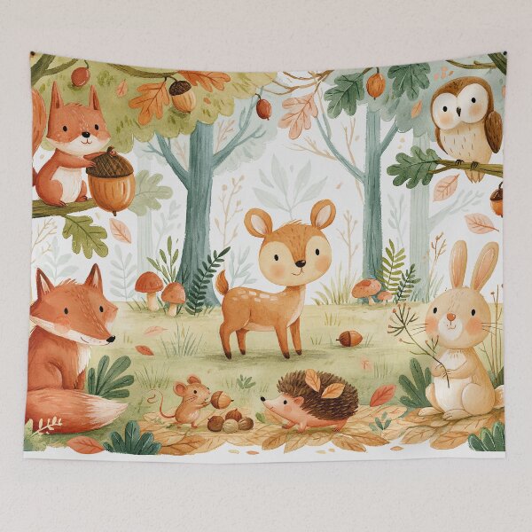 Item preview, Woodland Friends Gathering Acorns in the Scandinavian Autumn Forest designed and sold by UtArt.
