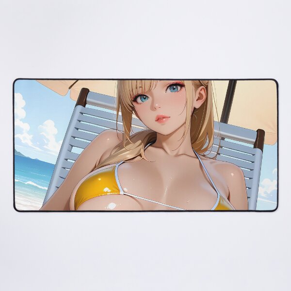 Item preview, Yellow bikini anime girl relaxing on beach chair designed and sold by BorgSpareParts.