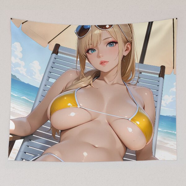 Item preview, Yellow bikini anime girl relaxing on beach chair designed and sold by BorgSpareParts.
