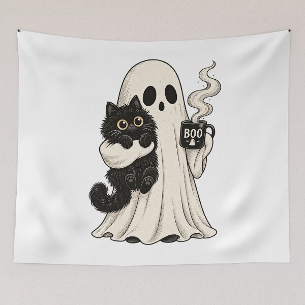 Item preview, Cute Ghost Holding Black Cat Coffee Mug Halloween Art    designed and sold by DesignArtist.ia.