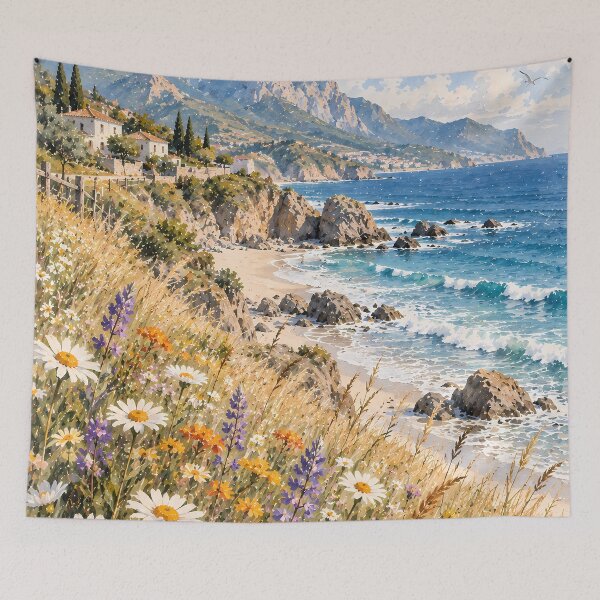 Item preview, Coastal Wildflower Cliffside Watercolour Mediterranean Sea designed and sold by Jozefin's Studio.