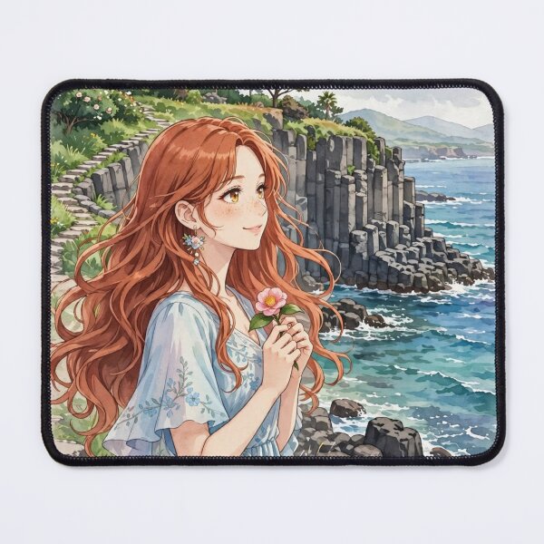 Item preview, South Korea Jeju Island with a Sweet Redhead Traveler in a Flowing Pastel Blue Dress, Turquoise Ocean and Beautiful Volcanic Coastal Landscape designed and sold by DibujandoPorfa.