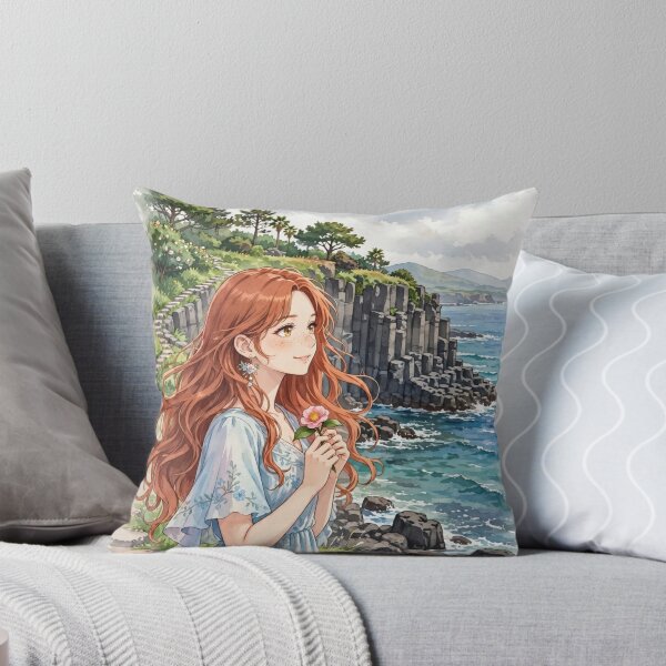 Item preview, South Korea Jeju Island with a Sweet Redhead Traveler in a Flowing Pastel Blue Dress, Turquoise Ocean and Beautiful Volcanic Coastal Landscape designed and sold by DibujandoPorfa.