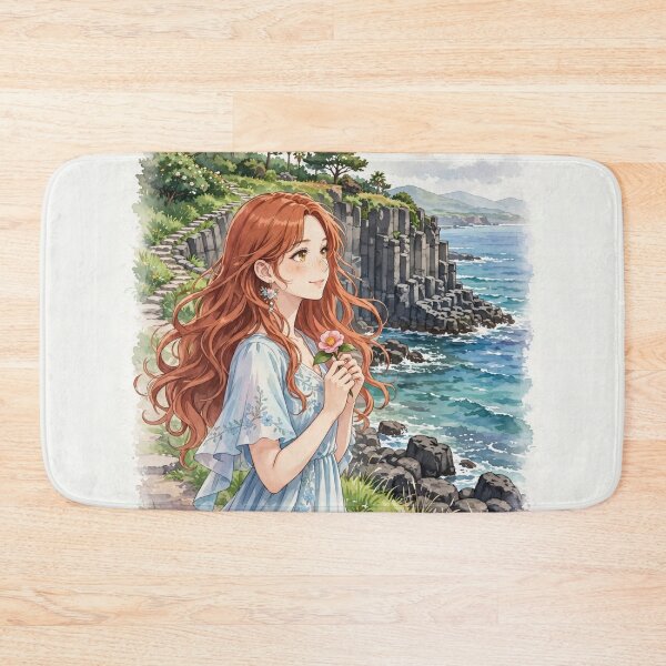 Item preview, South Korea Jeju Island with a Sweet Redhead Traveler in a Flowing Pastel Blue Dress, Turquoise Ocean and Beautiful Volcanic Coastal Landscape designed and sold by DibujandoPorfa.