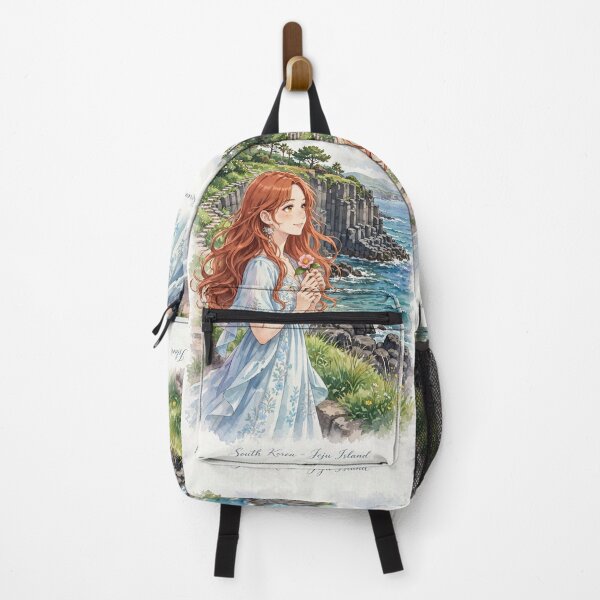 Item preview, South Korea Jeju Island with a Sweet Redhead Traveler in a Flowing Pastel Blue Dress, Turquoise Ocean and Beautiful Volcanic Coastal Landscape designed and sold by DibujandoPorfa.