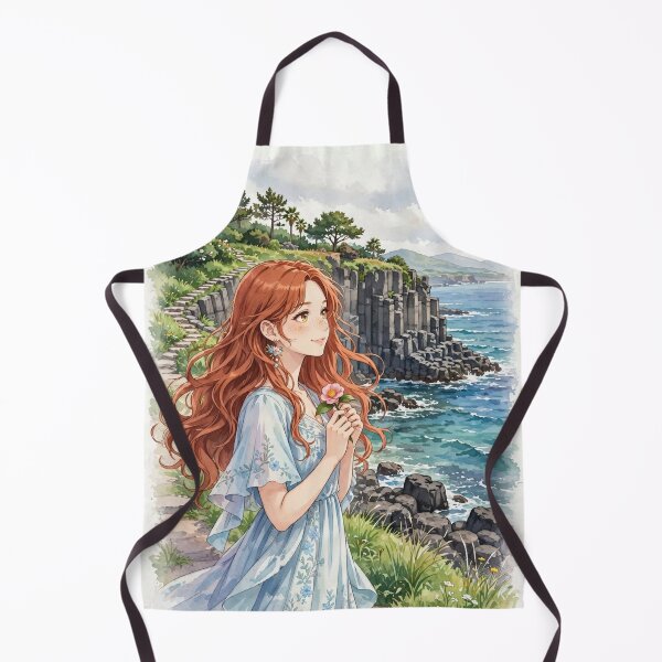 Item preview, South Korea Jeju Island with a Sweet Redhead Traveler in a Flowing Pastel Blue Dress, Turquoise Ocean and Beautiful Volcanic Coastal Landscape designed and sold by DibujandoPorfa.
