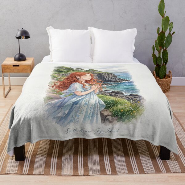 Item preview, South Korea Jeju Island with a Sweet Redhead Traveler in a Flowing Pastel Blue Dress, Turquoise Ocean and Beautiful Volcanic Coastal Landscape designed and sold by DibujandoPorfa.