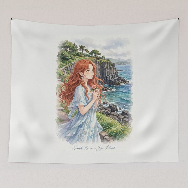 Item preview, South Korea Jeju Island with a Sweet Redhead Traveler in a Flowing Pastel Blue Dress, Turquoise Ocean and Beautiful Volcanic Coastal Landscape designed and sold by DibujandoPorfa.