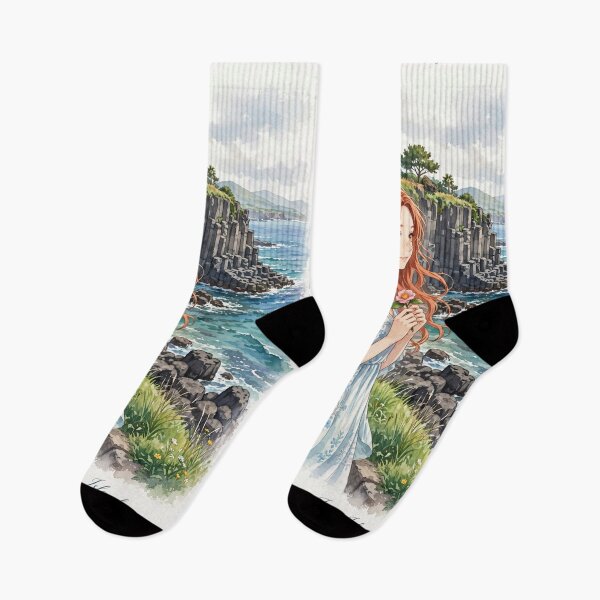 Item preview, South Korea Jeju Island with a Sweet Redhead Traveler in a Flowing Pastel Blue Dress, Turquoise Ocean and Beautiful Volcanic Coastal Landscape designed and sold by DibujandoPorfa.
