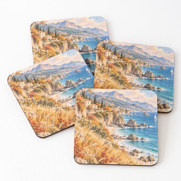 Item preview, Coastal Mediterranean Cliffside Watercolour Autumn Seascape designed and sold by Jozefin's Studio.