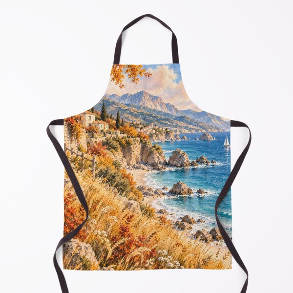 Item preview, Coastal Mediterranean Cliffside Watercolour Autumn Seascape designed and sold by Jozefin's Studio.