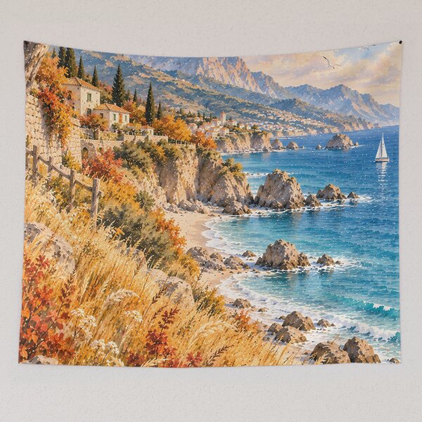 Item preview, Coastal Mediterranean Cliffside Watercolour Autumn Seascape designed and sold by Jozefin's Studio.