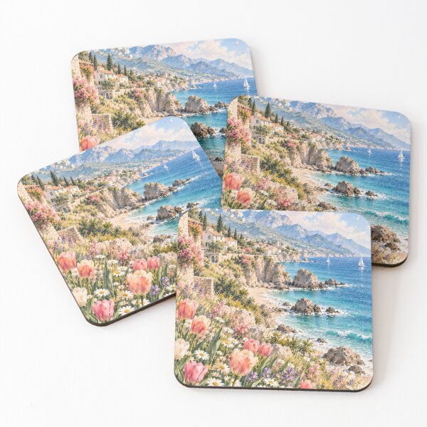 Item preview, Coastal Watercolour Mediterranean Cliffside Tulips Blue Sea designed and sold by Jozefin's Studio.