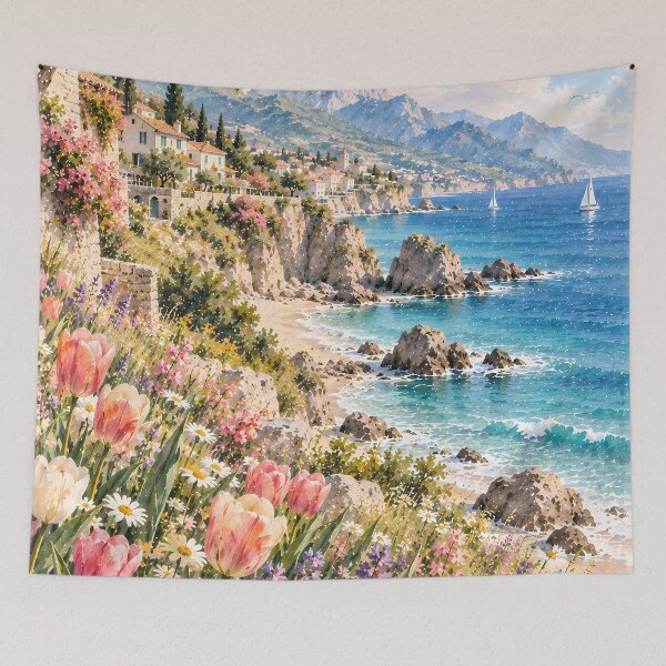 Item preview, Coastal Watercolour Mediterranean Cliffside Tulips Blue Sea designed and sold by Jozefin's Studio.