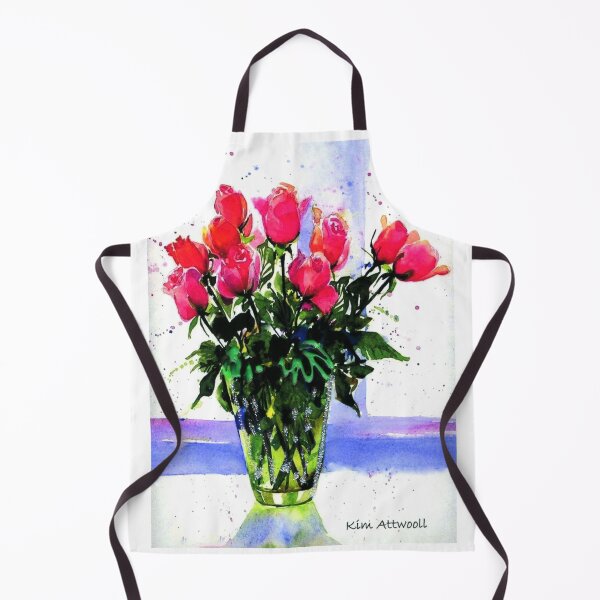 Item preview, Watercolor of a green vase of pink roses on a violet background. designed and sold by aswoa.