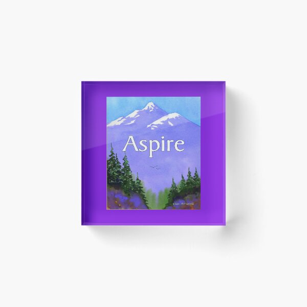 Item preview, Watercolor landscape of violet mountains, evergreens and the text Aspire. designed and sold by aswoa.
