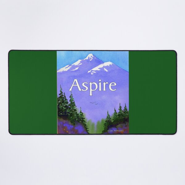 Item preview, Watercolor landscape of violet mountains, evergreens and the text Aspire. designed and sold by aswoa.