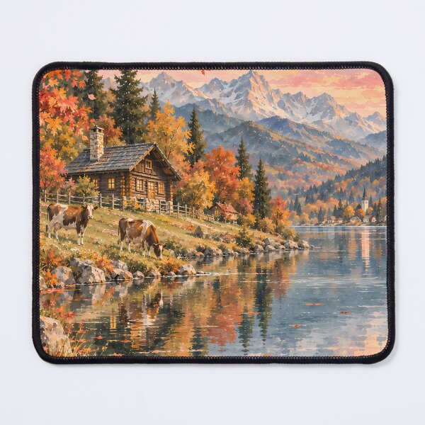 Item preview, Cottagecore Autumn Lake Cabin Watercolour Landscape Painting designed and sold by Jozefin's Studio.
