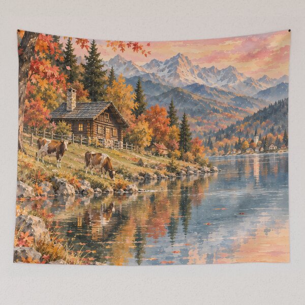 Item preview, Cottagecore Autumn Lake Cabin Watercolour Landscape Painting designed and sold by Jozefin's Studio.