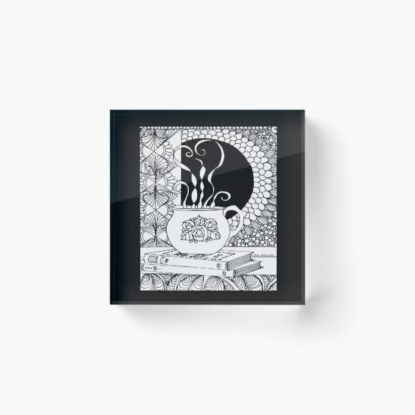 Item preview, Black and white of books and tea, Zentangle. designed and sold by aswoa.