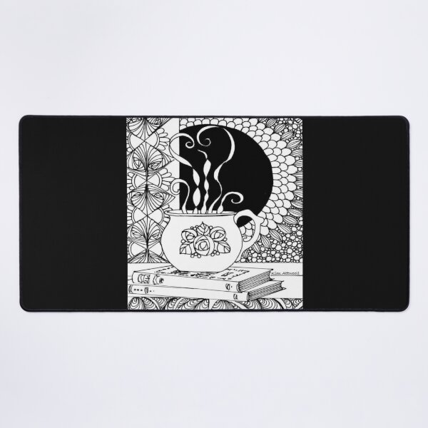 Item preview, Black and white of books and tea, Zentangle. designed and sold by aswoa.