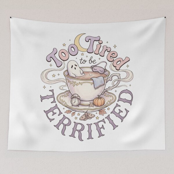Item preview, Too Tired To Be Terrified Cute Spooky Ghost Drinking Coffee Pastel Goth Art designed and sold by Pick&Grin.