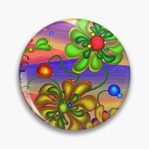 Item preview, Whimsical hippie retro green purple gold floral pin button designed and sold by Ofir mor.