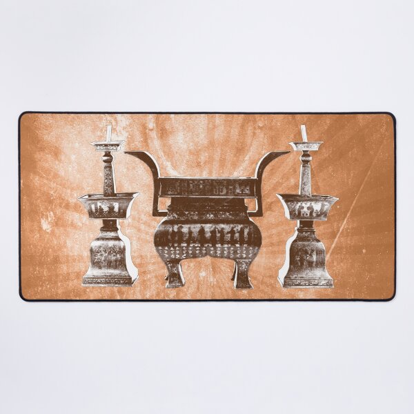 Item preview, Antique Chinese Bronze Altar Set Censer Candlesticks in Orange designed and sold by Ghoul Enterprises.