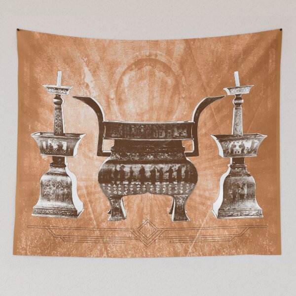 Item preview, Antique Chinese Bronze Altar Set Censer Candlesticks in Orange designed and sold by Ghoul Enterprises.