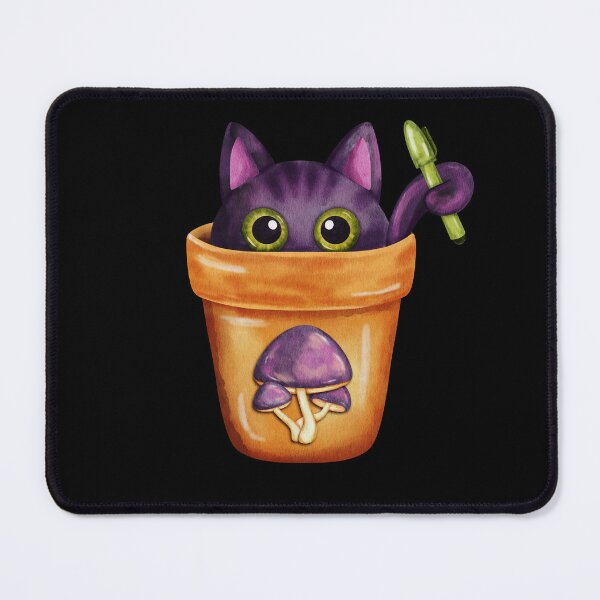 Item preview, Cute Black Cat in Flower Pot with Magic Mushroom Watercolor designed and sold by ArtTinulyaOk.