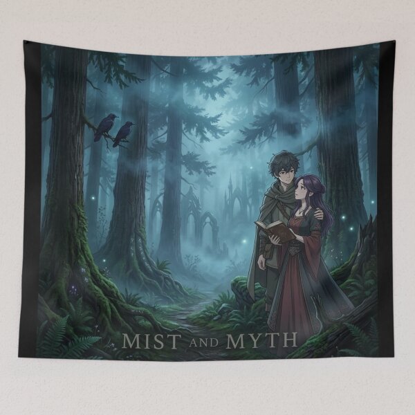 Item preview, Mist and Myth - Fantasy Anime Couple in Mitsy Forest - Dark Cottagecore Bookish Aesthetic / Fairytale / Lovers / M agical / Whimsical / Dark Forest / Anime Girl designed and sold by TeenLake.