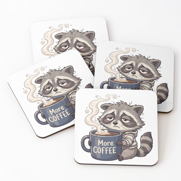 Item preview, Sleepy tired raccoon sitting and hugging a large coffee mug designed and sold by ElegantOutlines.