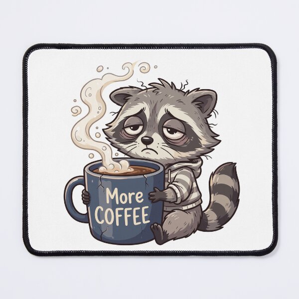 Item preview, Sleepy tired raccoon sitting and hugging a large coffee mug designed and sold by ElegantOutlines.
