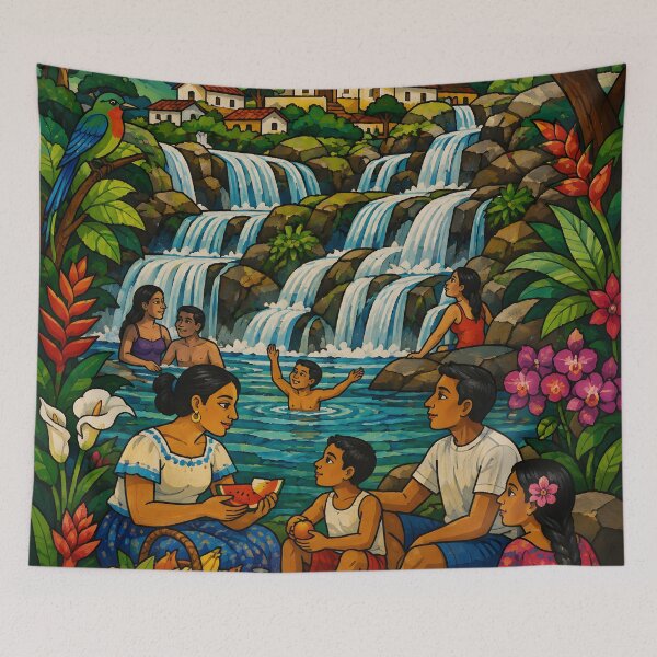 Artikelvorschau, Tropical Family Waterfall Village Folk Art entworfen und verkauft von GutyzDesignsES.
