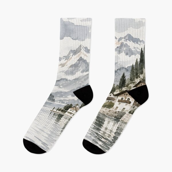 Item preview, Alpine Lakeside Village Watercolor Landscape designed and sold by GutyzDesignsES.