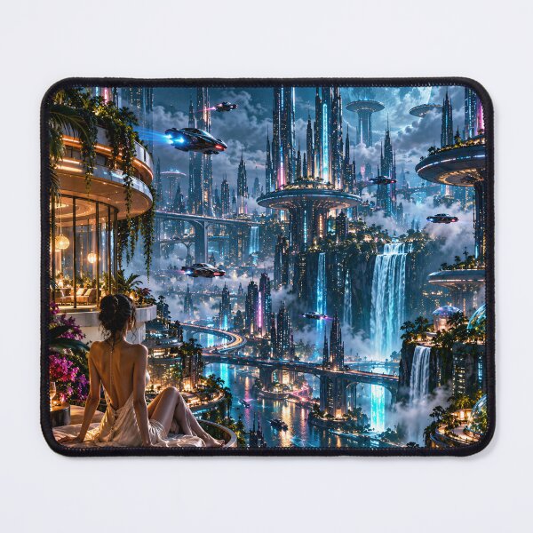 Item preview, Futuristic Cyberpunk City with Flying Cars and Waterfalls designed and sold by IRON SIREN.