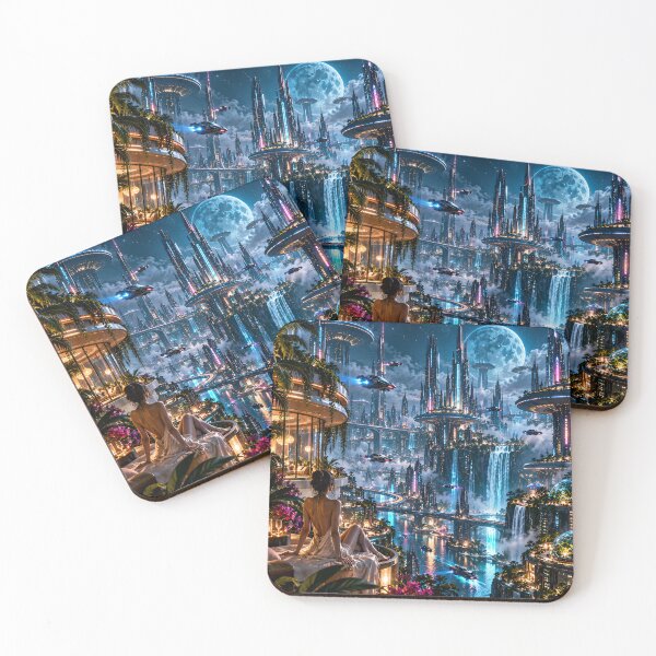 Item preview, Futuristic Cyberpunk City with Flying Cars and Waterfalls designed and sold by IRON SIREN.