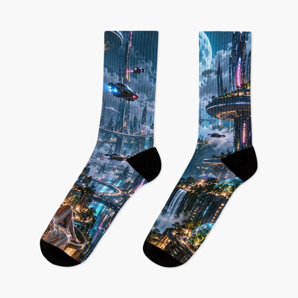Item preview, Futuristic Cyberpunk City with Flying Cars and Waterfalls designed and sold by IRON SIREN.