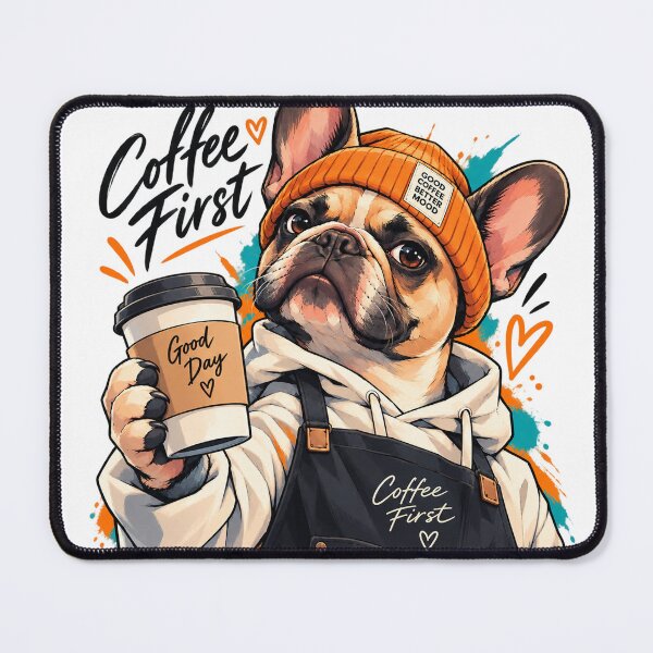 Item preview, Coffee First French Bulldog Barista designed and sold by ArtikaCreative.