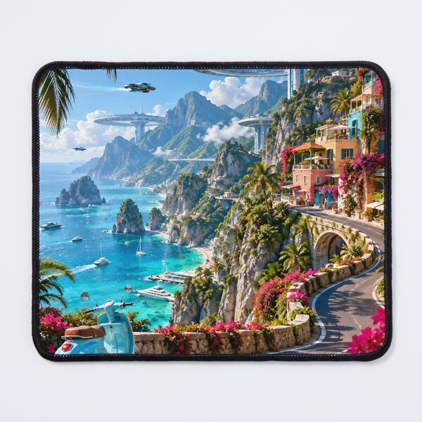 Item preview, Futuristic Tropical Coastal Paradise with Flying Cars and Vespa designed and sold by IRON SIREN.