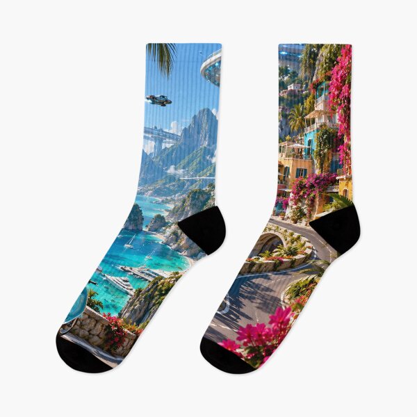 Item preview, Futuristic Tropical Coastal Paradise with Flying Cars and Vespa designed and sold by IRON SIREN.