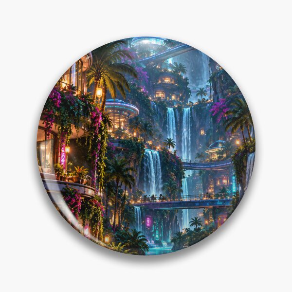 Item preview, Futuristic Tropical Waterfall City with Neon Lights and Sky Bridges designed and sold by IRON SIREN.
