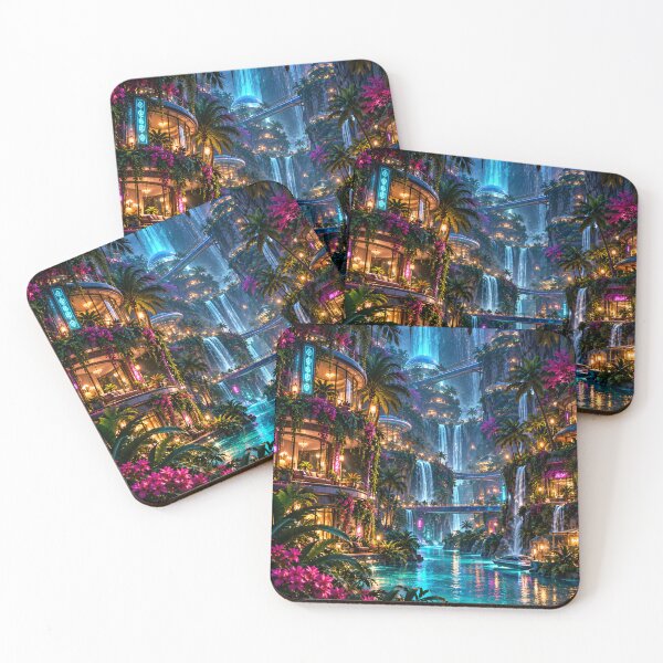 Item preview, Futuristic Tropical Waterfall City with Neon Lights and Sky Bridges designed and sold by IRON SIREN.