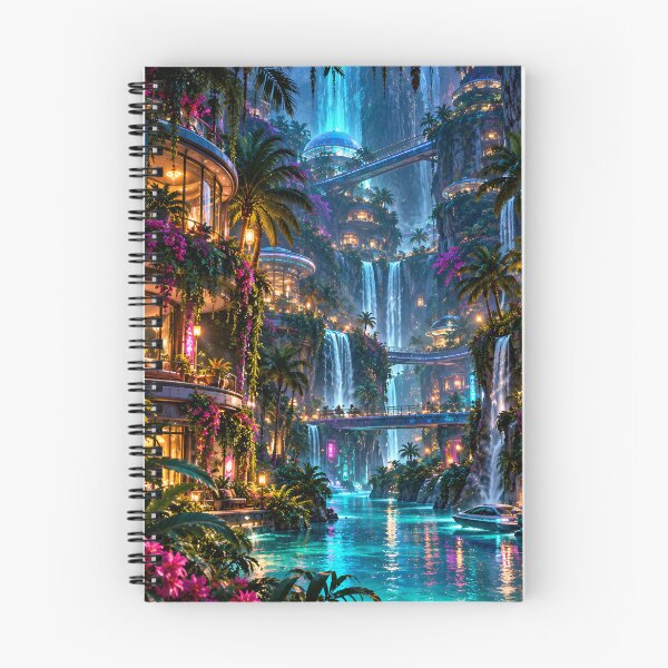 Item preview, Futuristic Tropical Waterfall City with Neon Lights and Sky Bridges designed and sold by IRON SIREN.