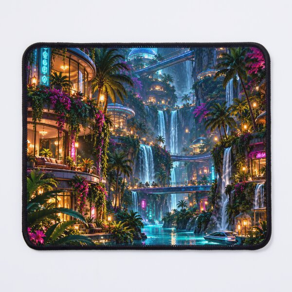 Item preview, Futuristic Tropical Waterfall City with Neon Lights and Sky Bridges designed and sold by IRON SIREN.