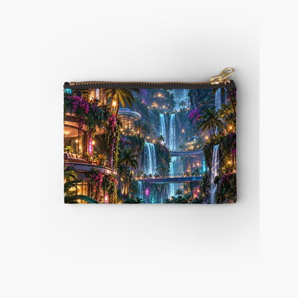 Item preview, Futuristic Tropical Waterfall City with Neon Lights and Sky Bridges designed and sold by IRON SIREN.