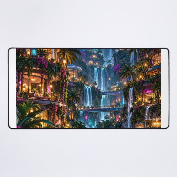 Item preview, Futuristic Tropical Waterfall City with Neon Lights and Sky Bridges designed and sold by IRON SIREN.
