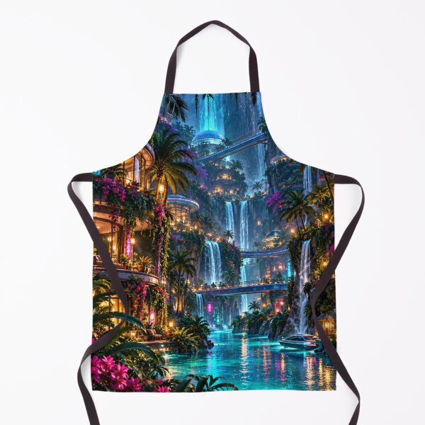 Item preview, Futuristic Tropical Waterfall City with Neon Lights and Sky Bridges designed and sold by IRON SIREN.